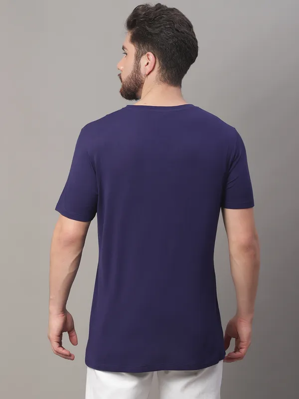 Navy Blue Cotton Printed Regular Fit T-Shirt For Men - Image 5