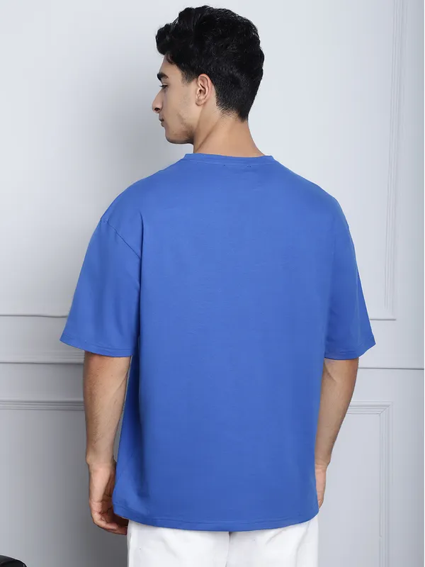 Royal Blue Cotton Printed Oversized T-Shirt For Men - Image 5