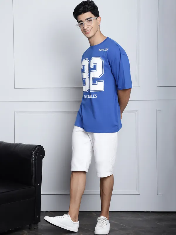 Royal Blue Cotton Printed Oversized T-Shirt For Men - Image 3