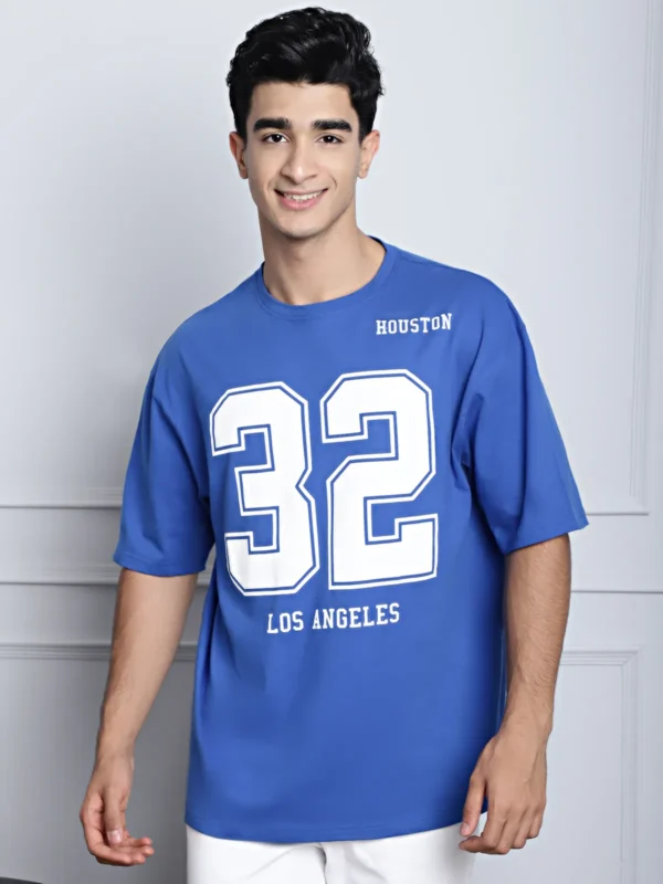 Royal Blue Cotton Printed Oversized T-Shirt For Men