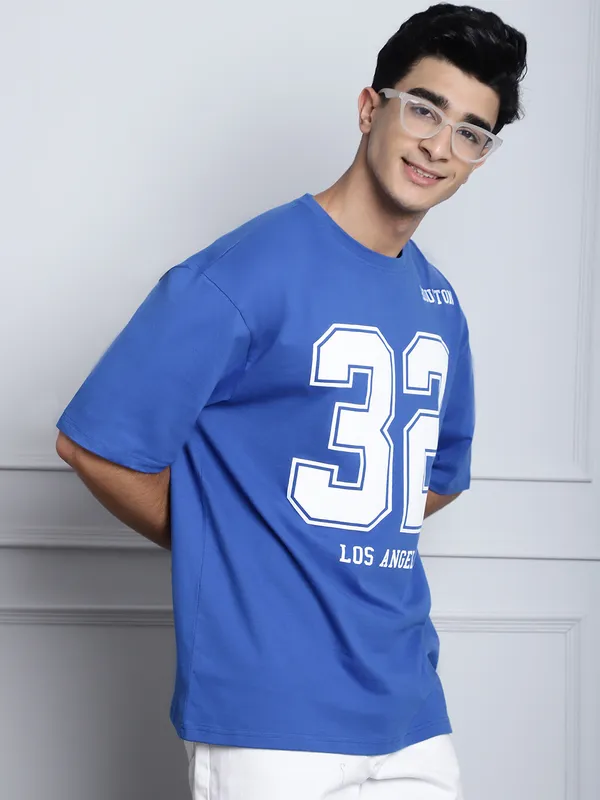 Royal Blue Cotton Printed Oversized T-Shirt For Men - Image 2
