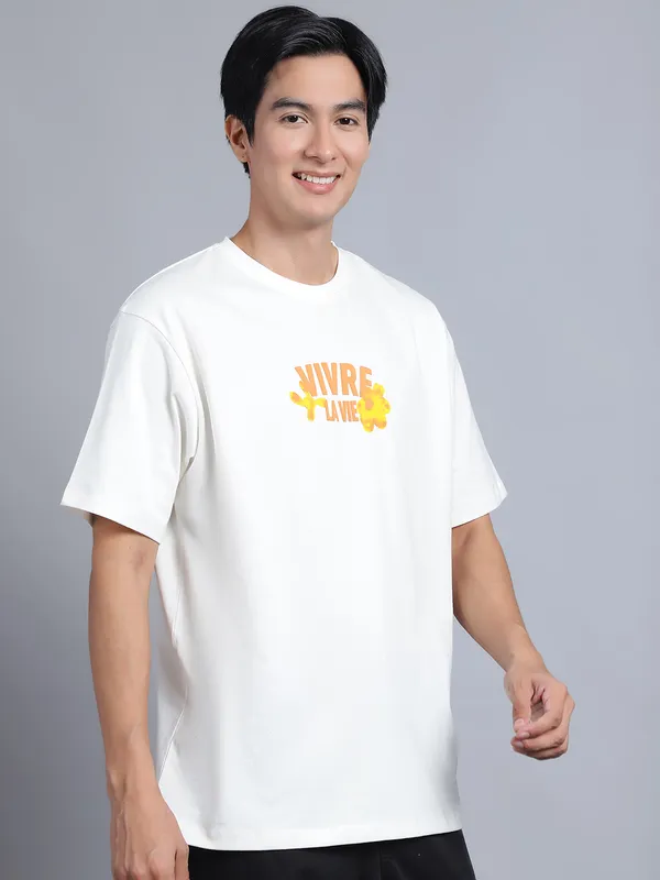 Off White Cotton Printed Oversized T-Shirt For Men - Image 3