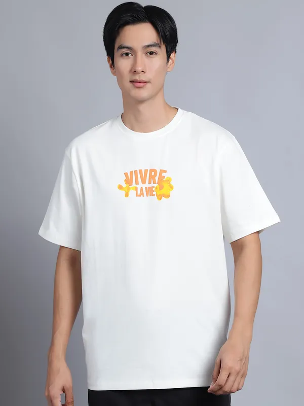 Off White Cotton Printed Oversized T-Shirt For Men - Image 5