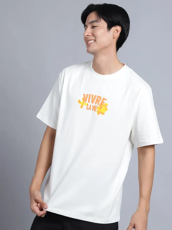 Off White Cotton Printed Oversized T-Shirt For Men - Image 4