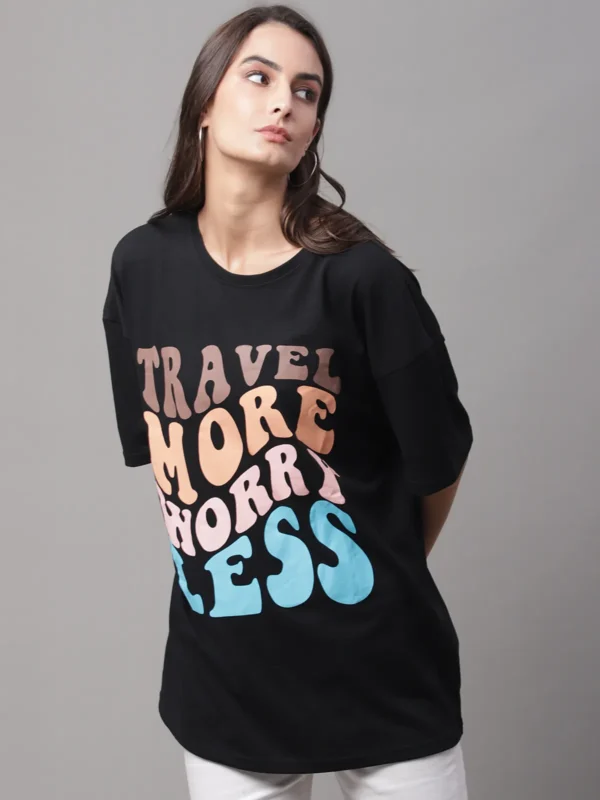 Black Cotton Printed Oversized Round Neck T-Shirt For Women