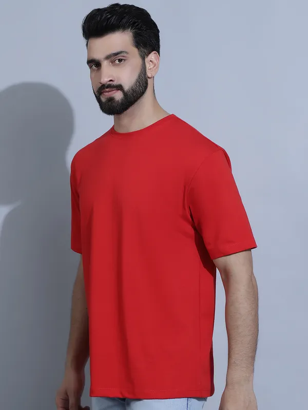 Red Cotton Solid Oversized T-Shirt For Men - Image 3