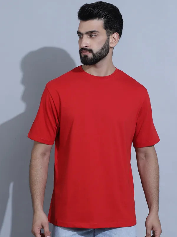 Red Cotton Solid Oversized T-Shirt For Men - Image 5