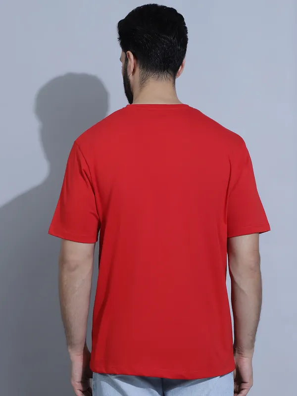 Red Cotton Solid Oversized T-Shirt For Men - Image 4