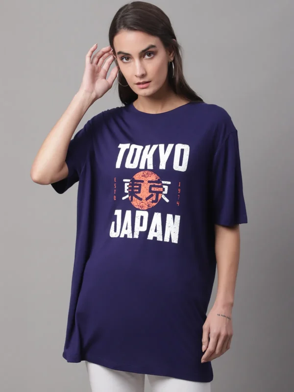 Navy Blue Cotton Printed Regular Fit Round Neck T-Shirt For Women