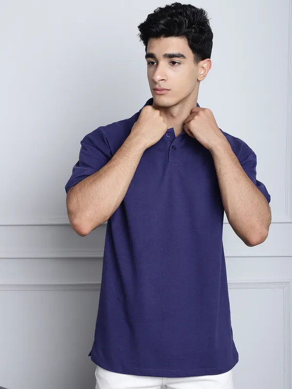 Navy Cotton Solid Oversized T-Shirt For Men - Image 5