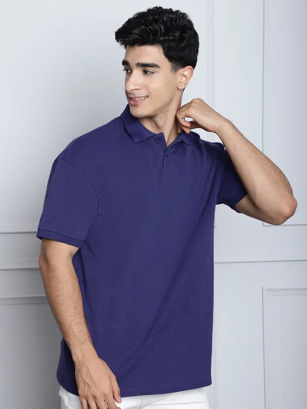 Navy Cotton Solid Oversized T-Shirt For Men - Image 4