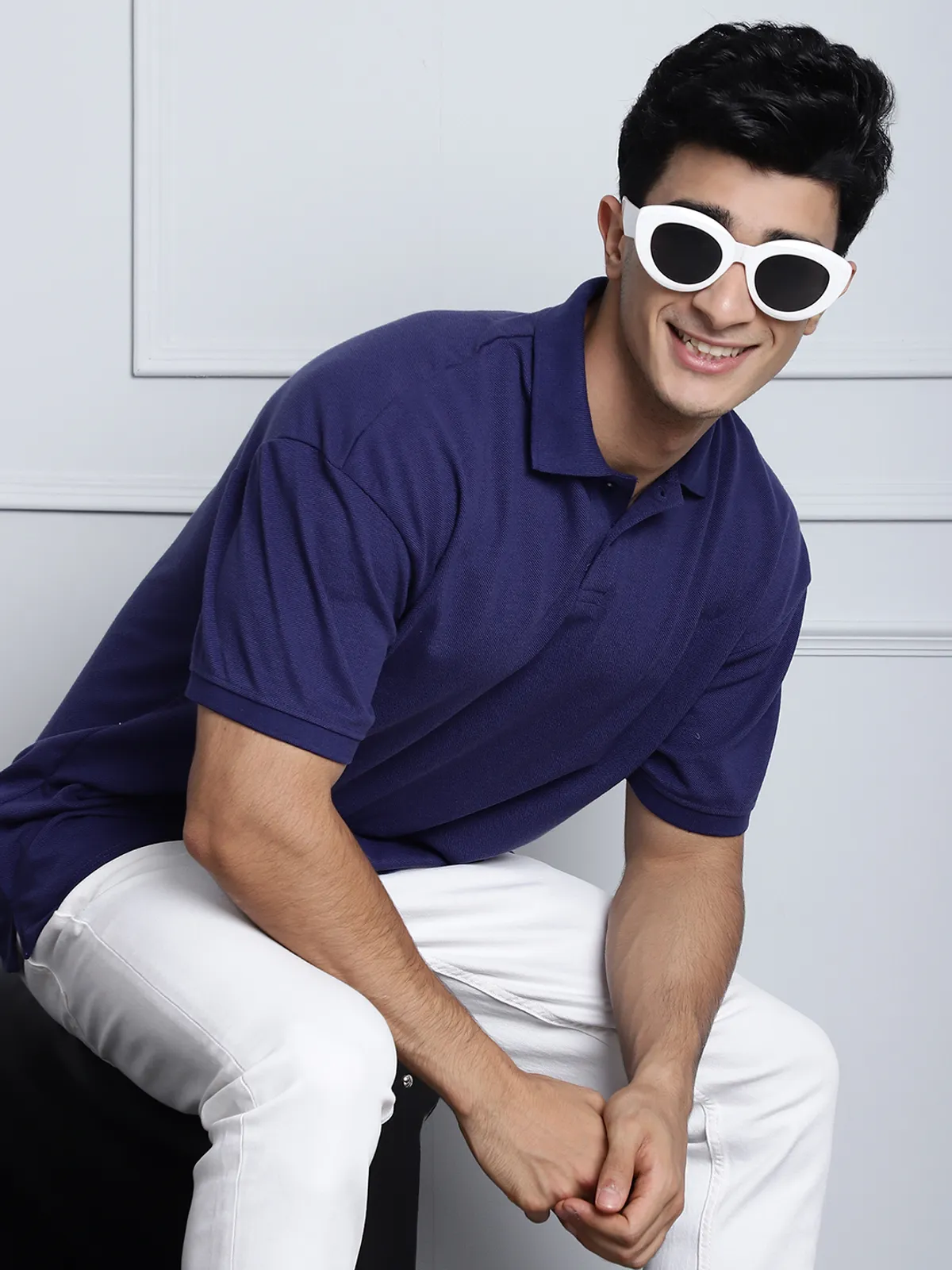 Navy Cotton Solid Oversized T-Shirt For Men