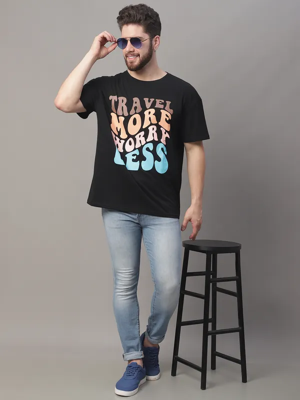 Black Cotton Printed Oversized T-Shirt For Men - Image 3