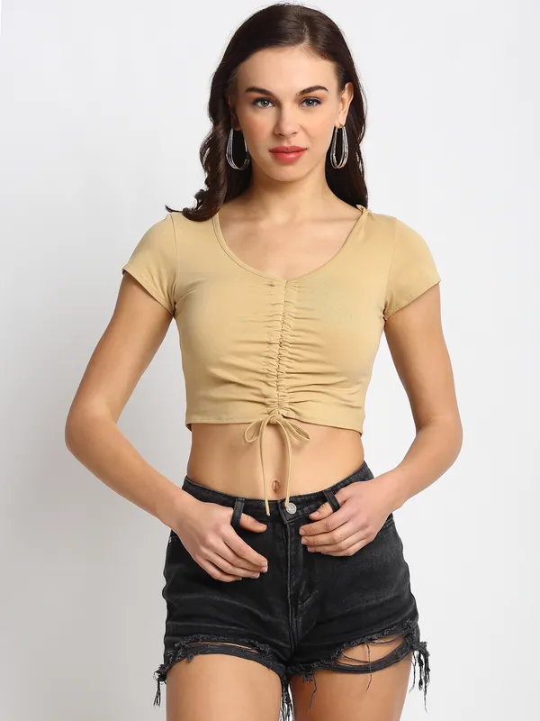 Door74 Stylish Brown Front Gather Crop Womens Top - Image 4