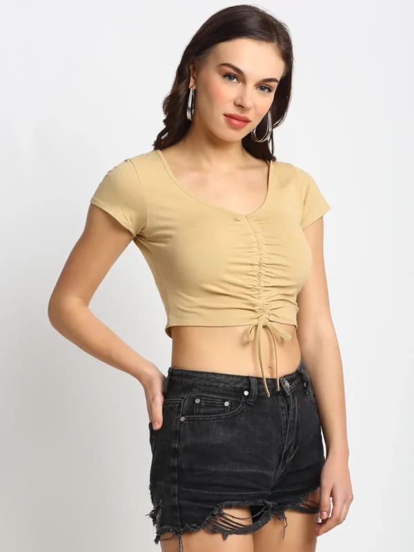 Door74 Stylish Brown Front Gather Crop Womens Top