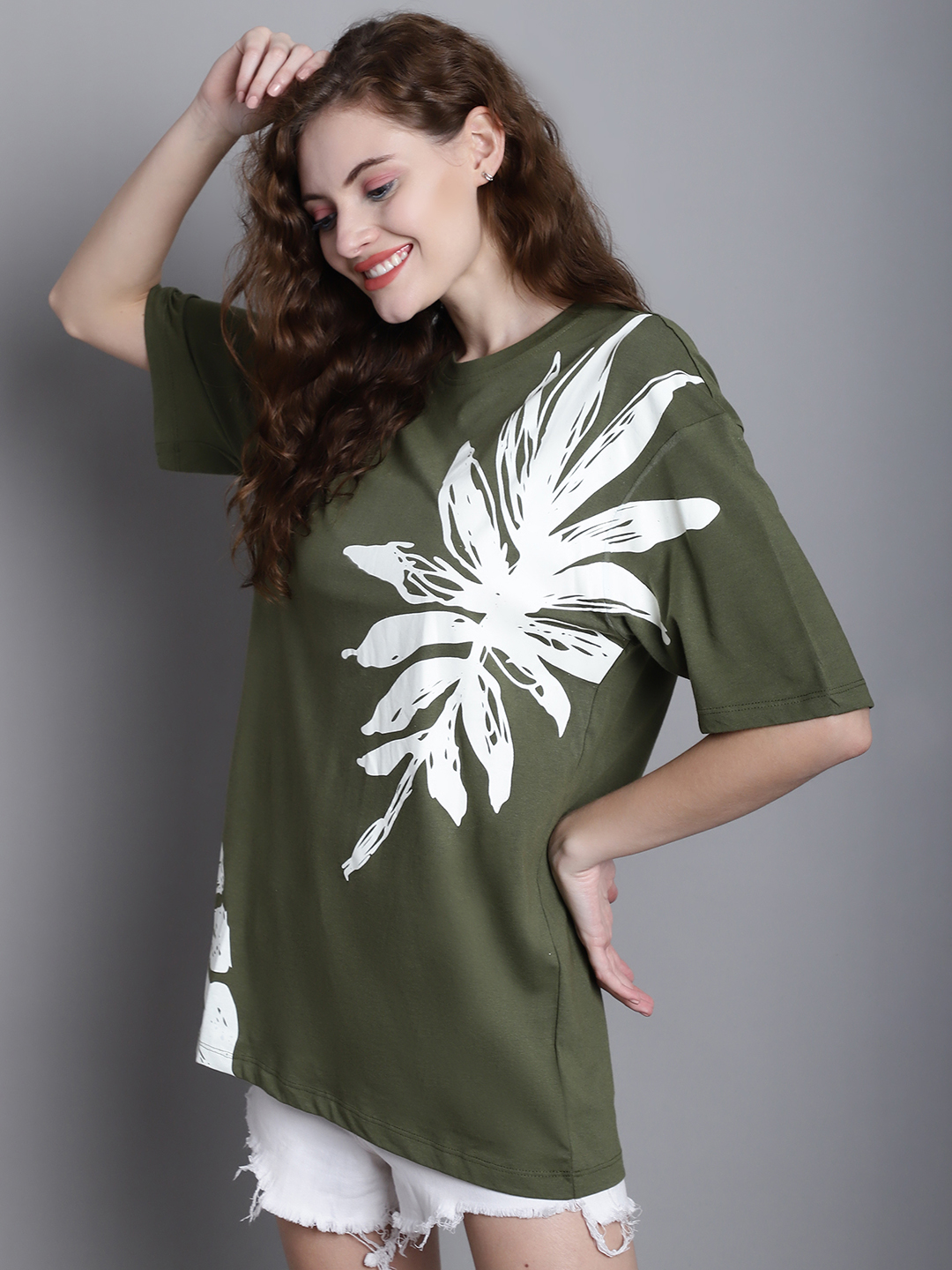 Women Floral Printed Drop-Shoulder Sleeves Oversized T-shirt - Image 5