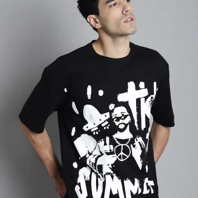 black t-shirt with white patch